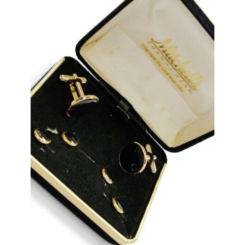 Mitchells Round Cufflinks Set Shirt Button Studs Black & Gold Tone Wedding IOB
